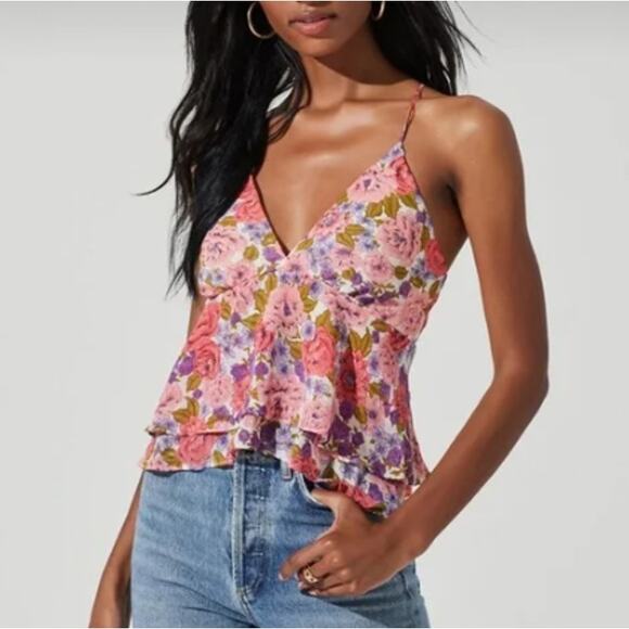 REVOLVE ASTR THE LABEL ~ Pink Coral Floral Two Tiered Strappy Cami Top M Floral - Picture 1 of 7